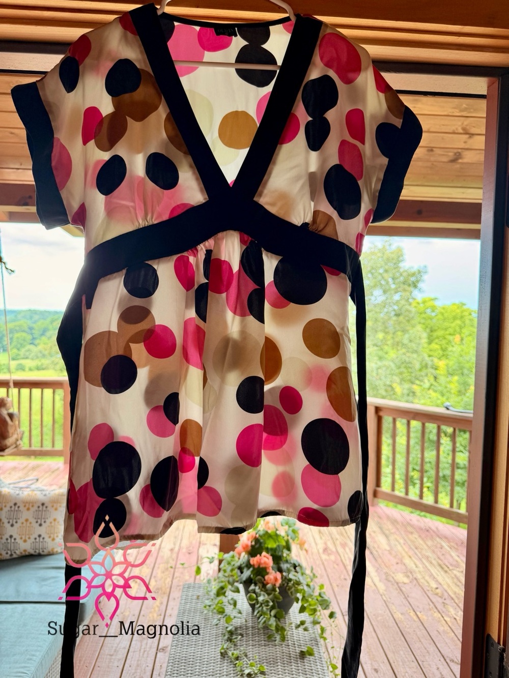 Olian Polka Dot V-Neck Blouse in Cream, Pink, Black & Brown